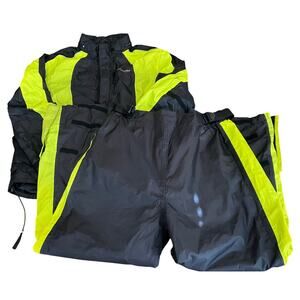Olympia‎ Moto Sports Rain Suit 2XL Black Hi-Viz Jacket Pants EZ Pack Hood